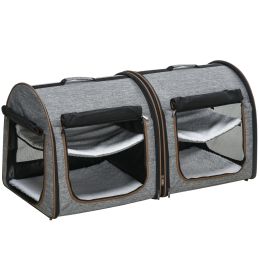 PawHut 39" Portable Twin Compartment Show House Cat Cage/Condo, Soft-Sided Pet kennel, Dual Compartment, Soft Cushions & Storage Bag, Gray